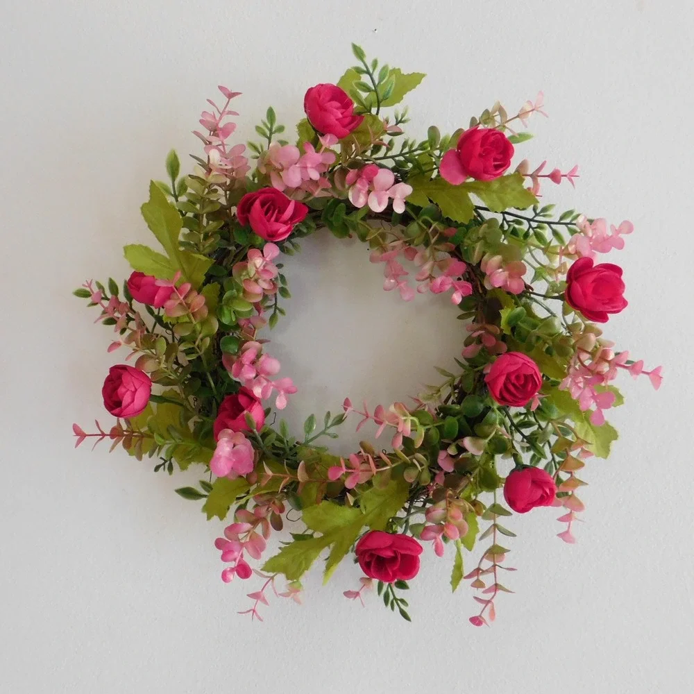 Pink ranunculus Mini Wreath, Candle Ring, Cottagecore, Farmhouse Spring Summer
